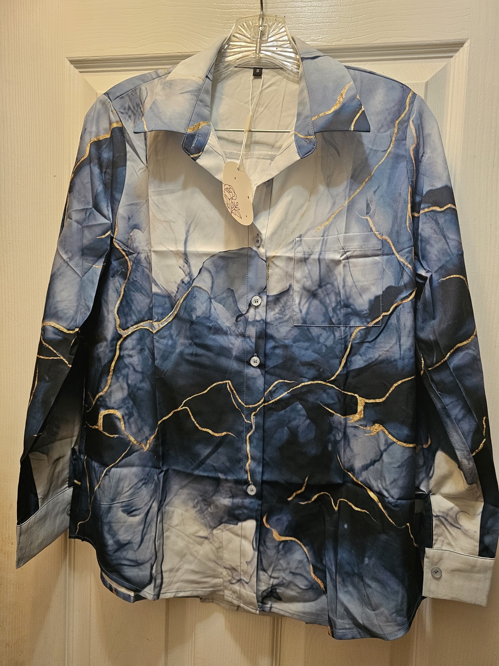 New Women’s Blue Marble Print Button-Up Shirt with Gold Accents